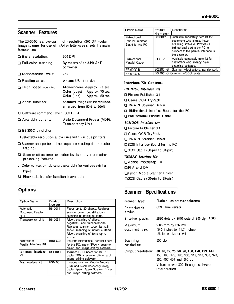 Page 1 de la notice Fiche technique Epson ES-600C