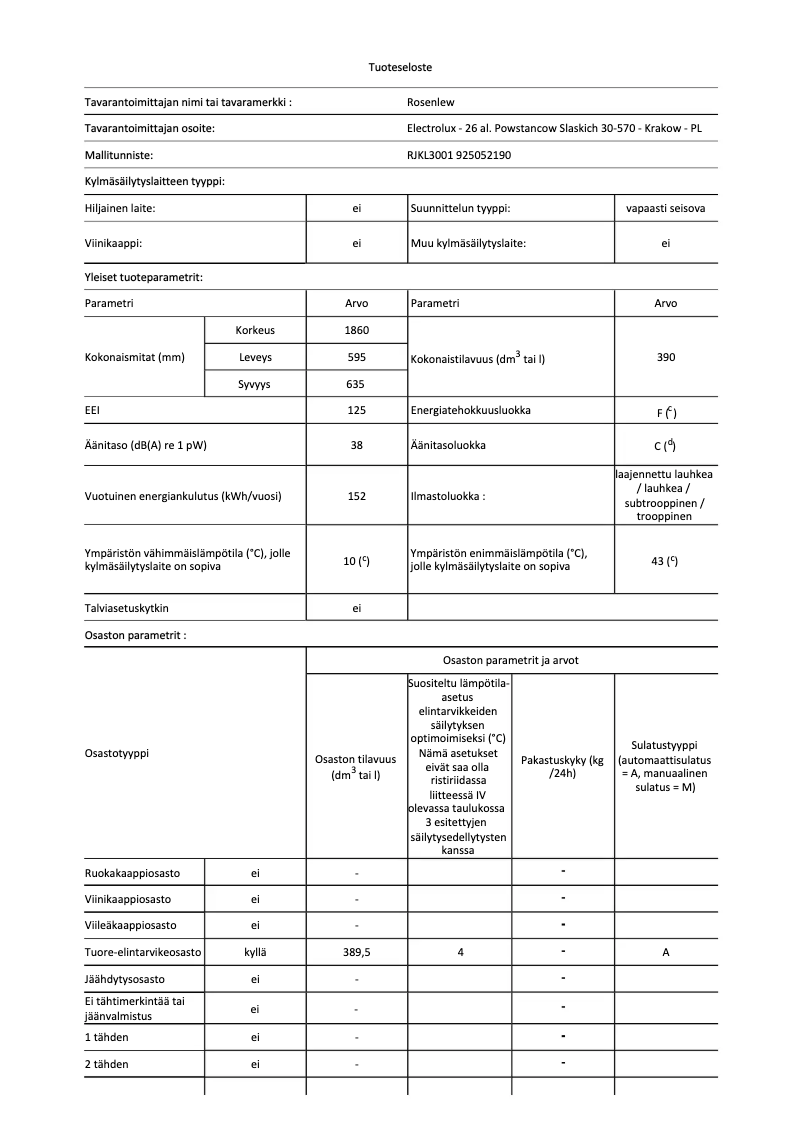 Page 1 de la notice Fiche technique Rosenlew RJKL3001