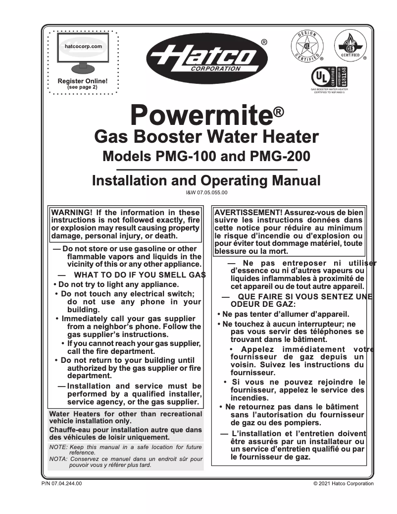 Page 1 de la notice Manuel utilisateur Hatco Powermite PMG-200