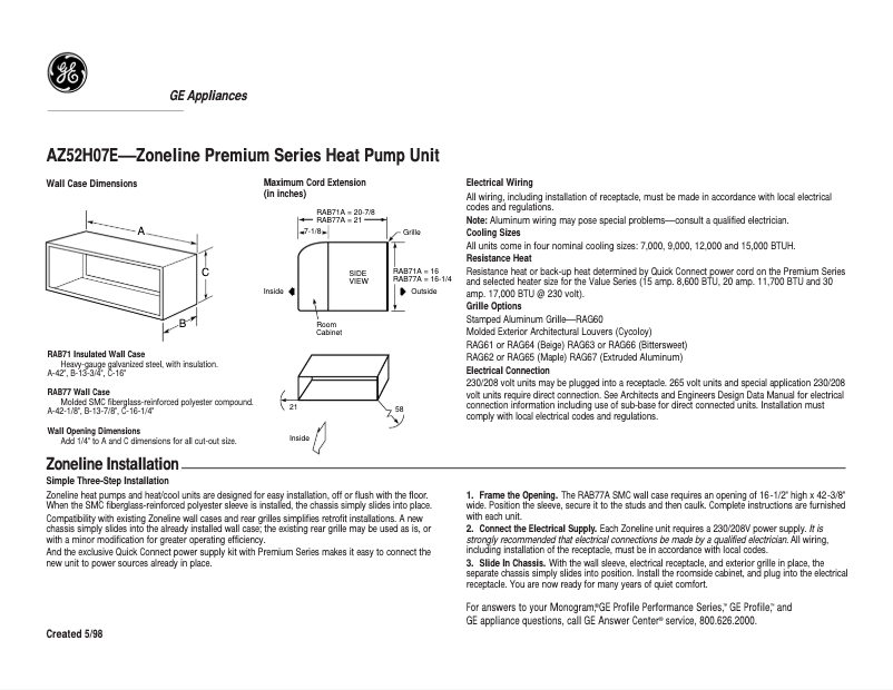 Página 1 del manual Ficha técnica GE AZ52H07EAB