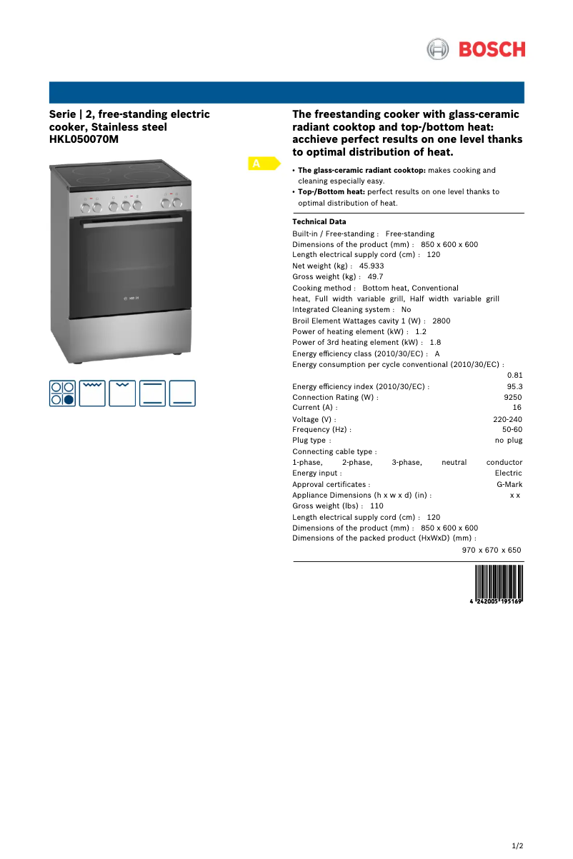 Page 1 de la notice Fiche technique Bosch HKL050070M
