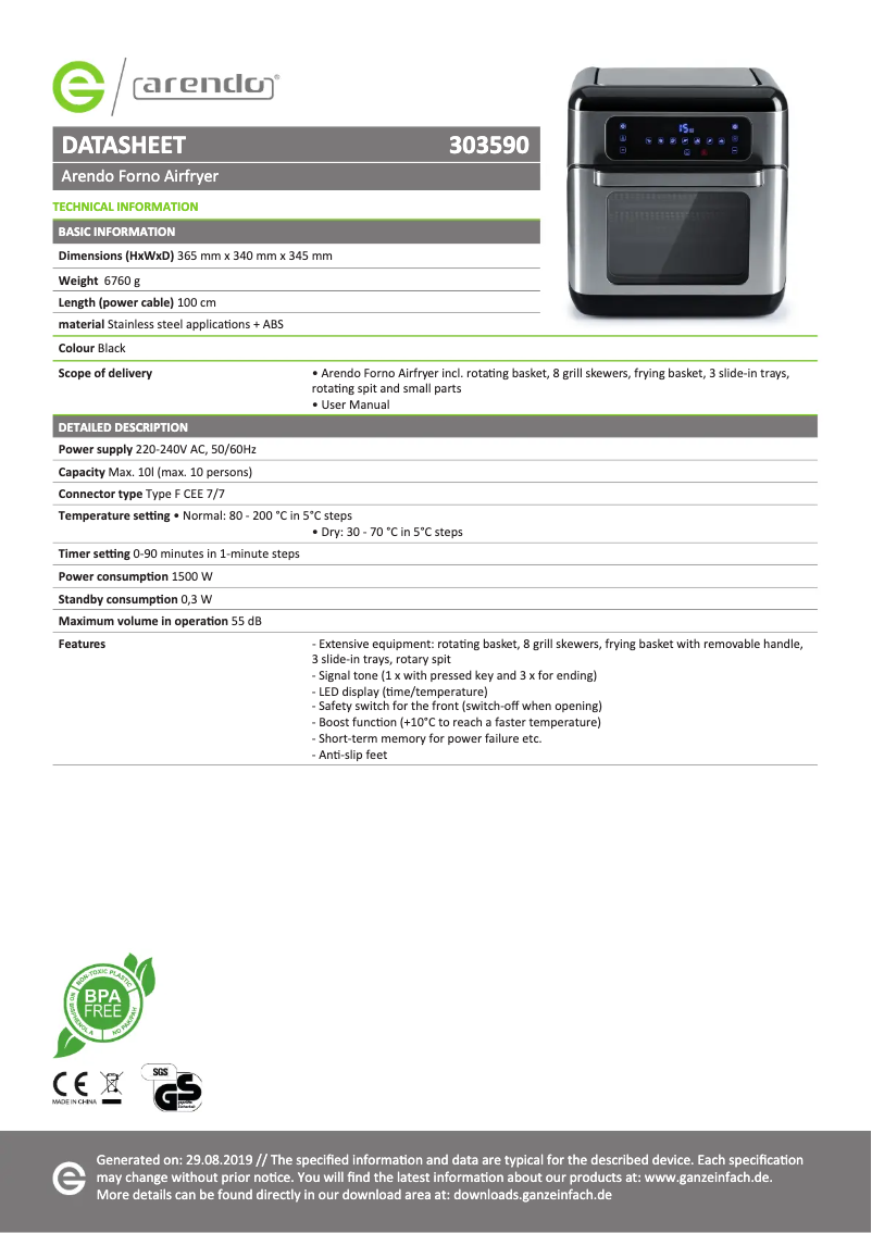 Page 1 de la notice Fiche technique Arendo Frytime 305400