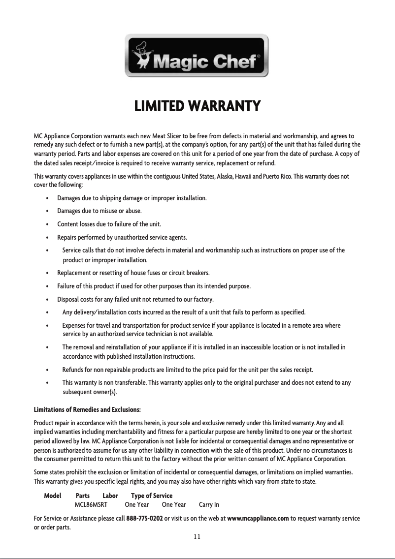 Página 1 del manual Información de garantía Magic Chef MCL86MSRT