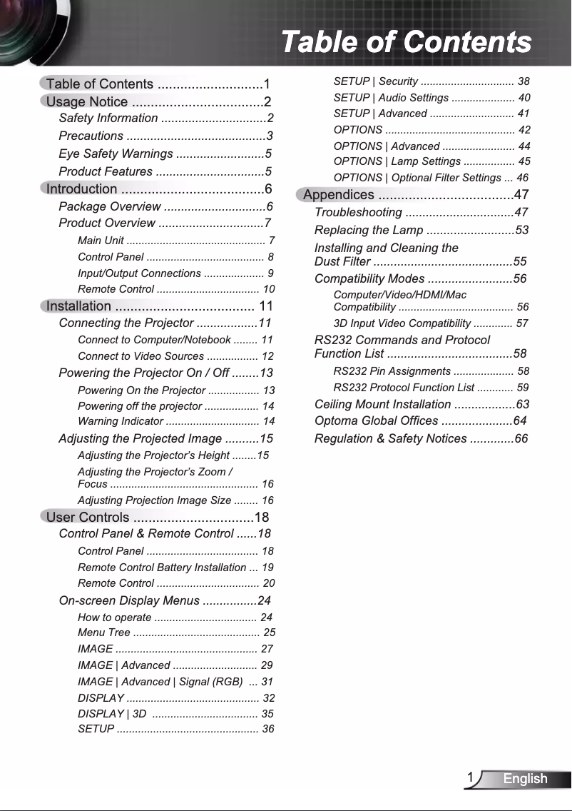 Page 1 de la notice Manuel utilisateur Optoma W316