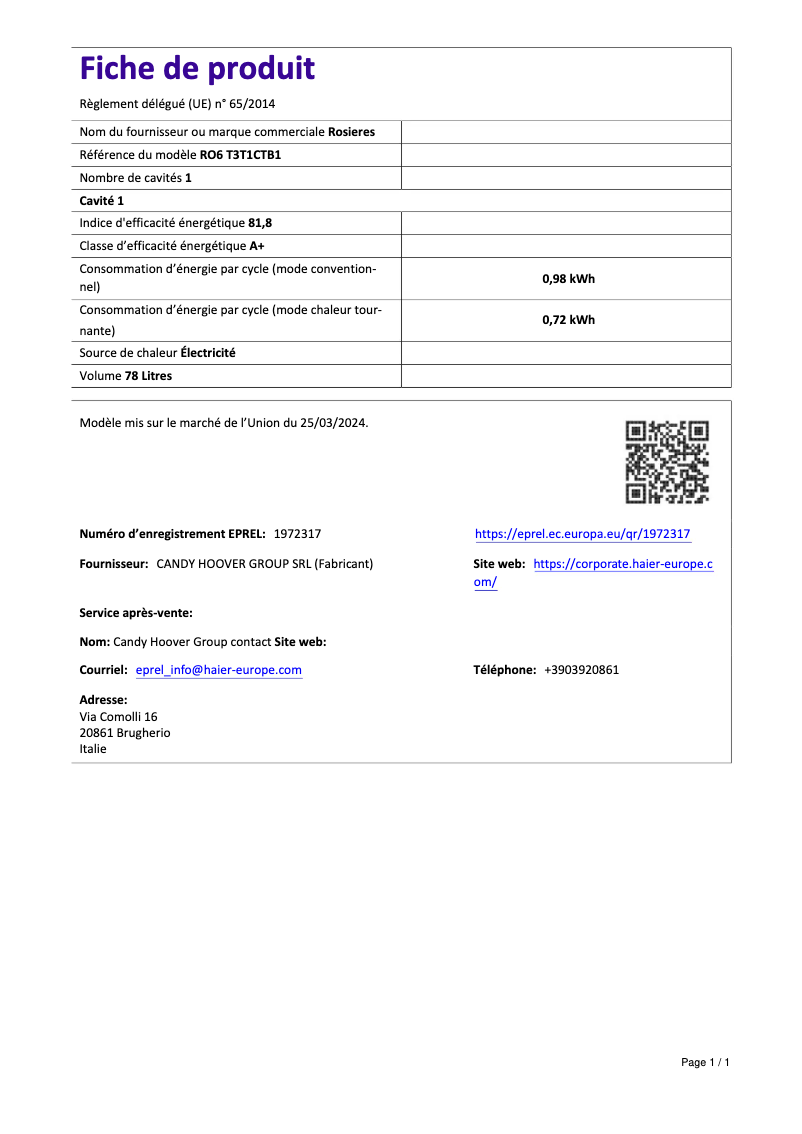 Page 1 de la notice Fiche technique Rosieres RO6 T3T1CTB1