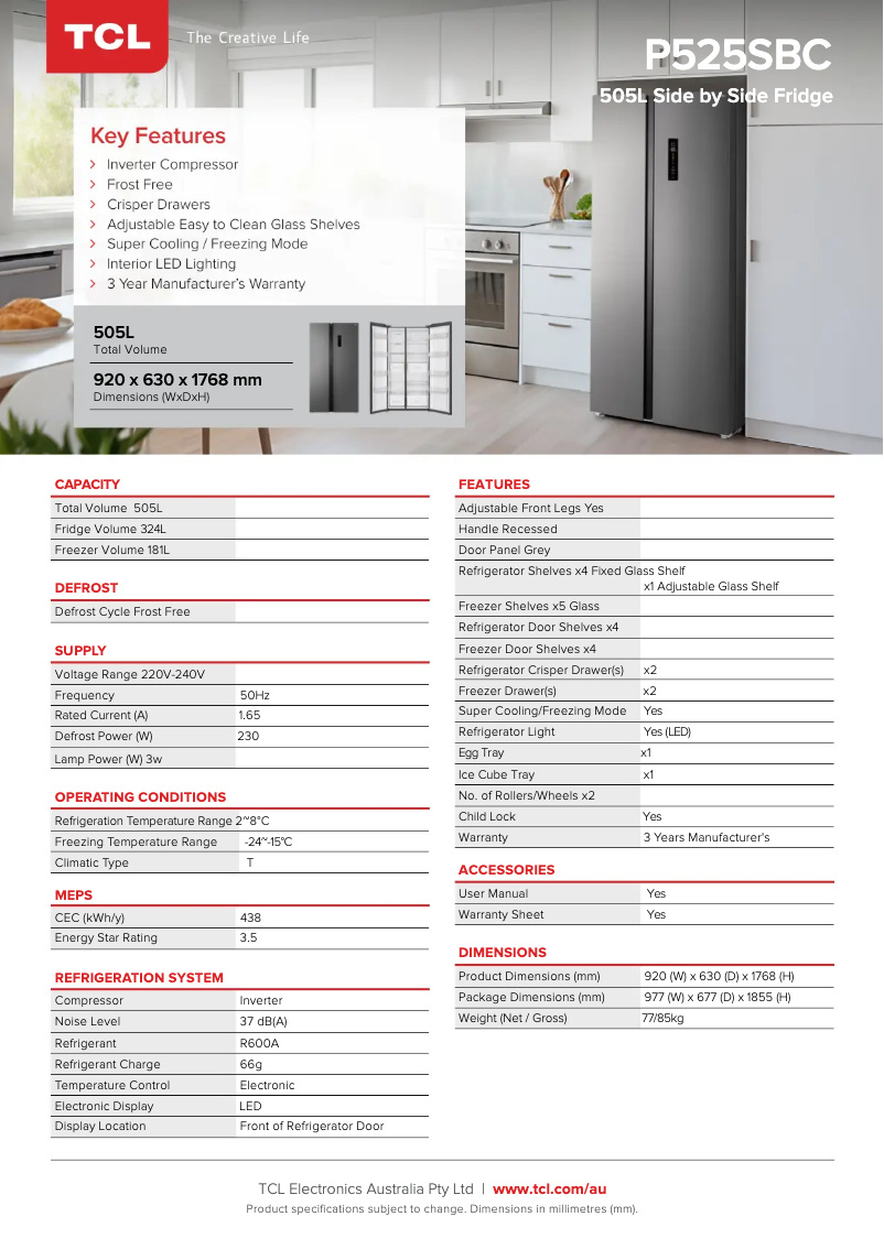 Page 1 de la notice Fiche technique TCL P525SBC