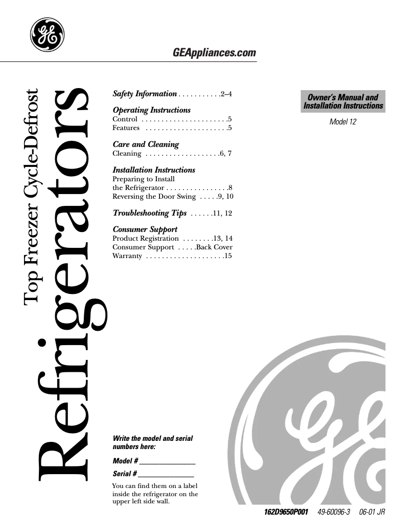 Página 1 del manual Guía de instalación GE GFR12AAMRWW