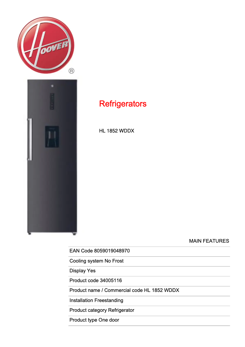 Página 1 del manual Ficha técnica Hoover HL 1852 WDDX