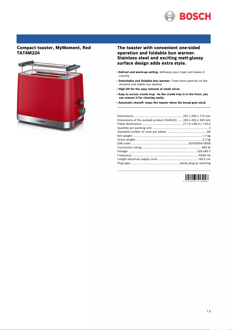 Page 1 de la notice Fiche technique Bosch TAT4M224