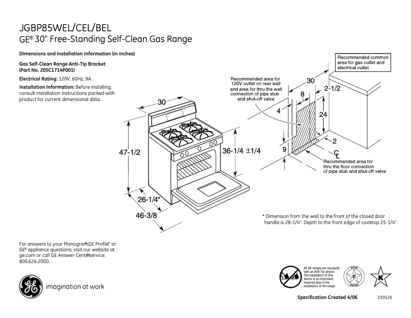 Page 1 of the manual Technical Sheet GE JGBP85BELBB