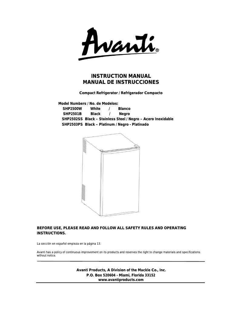 Page 1 de la notice Manuel utilisateur Avanti SHP2502SS