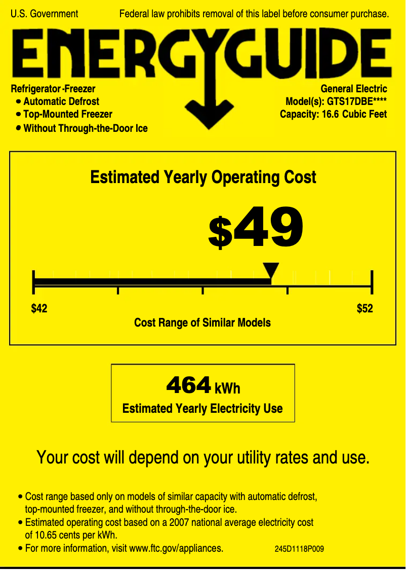 Page 1 de la notice Label énergétique GE GTS17DBEWW