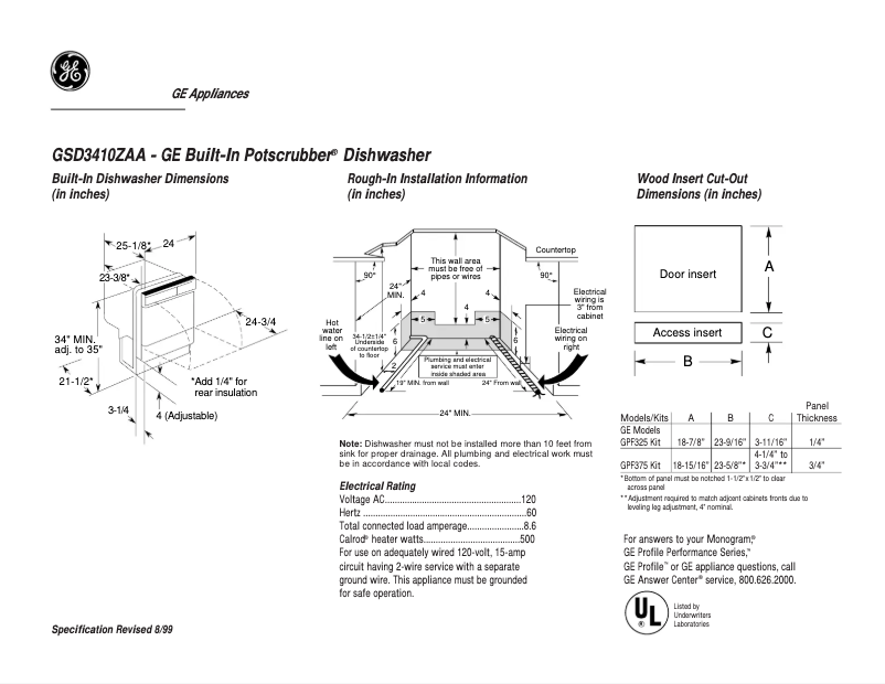 Página 1 del manual Ficha técnica GE GSD3410ZAA