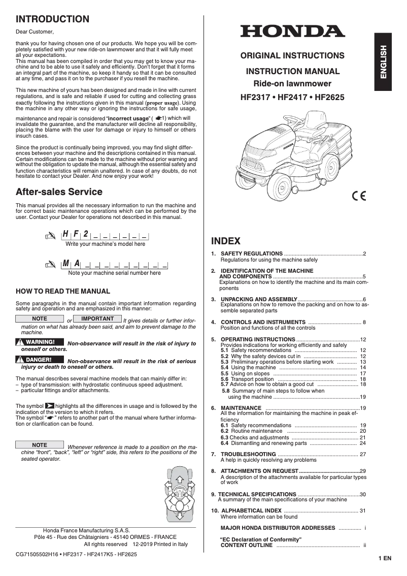Page 1 of the manual User Manual Honda HF 2417 HM B