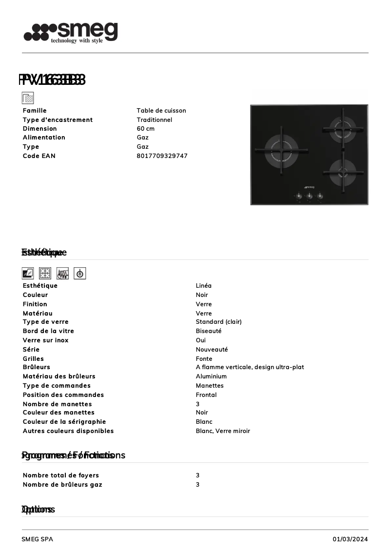 Page 1 de la notice Fiche technique Smeg PV163B3