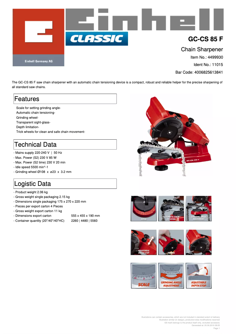 Page 1 de la notice Fiche technique Einhell GC-CS 85 F