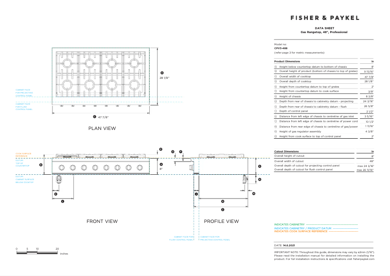 Page 1 de la notice Fiche technique Fisher & Paykel CPV3-488