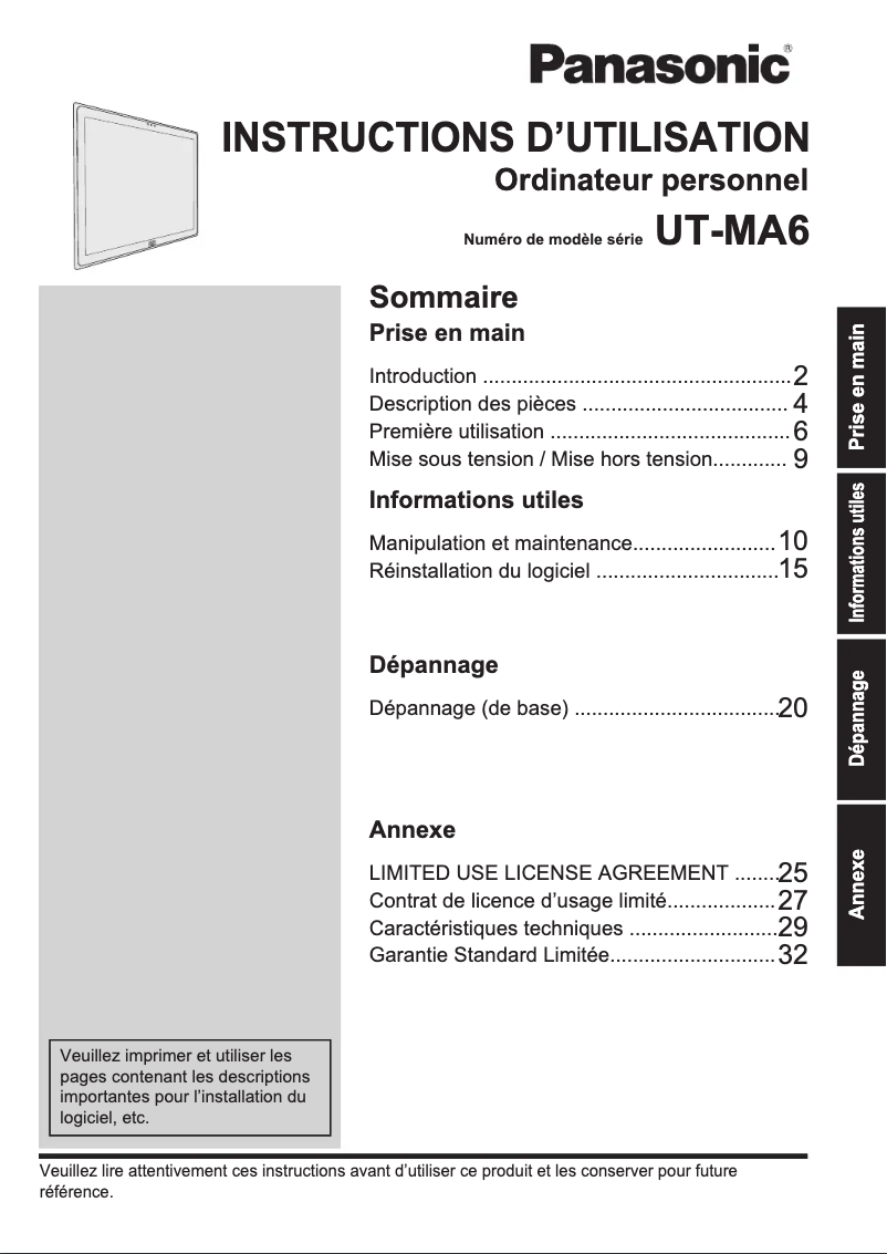 Page 1 de la notice Manuel utilisateur Panasonic UT-MA6
