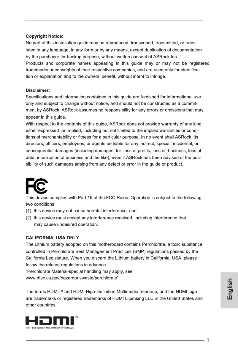 Page 1 de la notice Manuel utilisateur Asrock H61M-HVGS