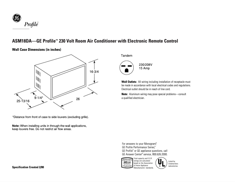 Página 1 del manual Ficha técnica GE Profile ASM18DA