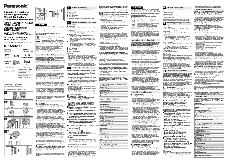 Page 1 de la notice Manuel utilisateur Panasonic Leica DG Vario-Elmarit 50-200mm f/2.8-4