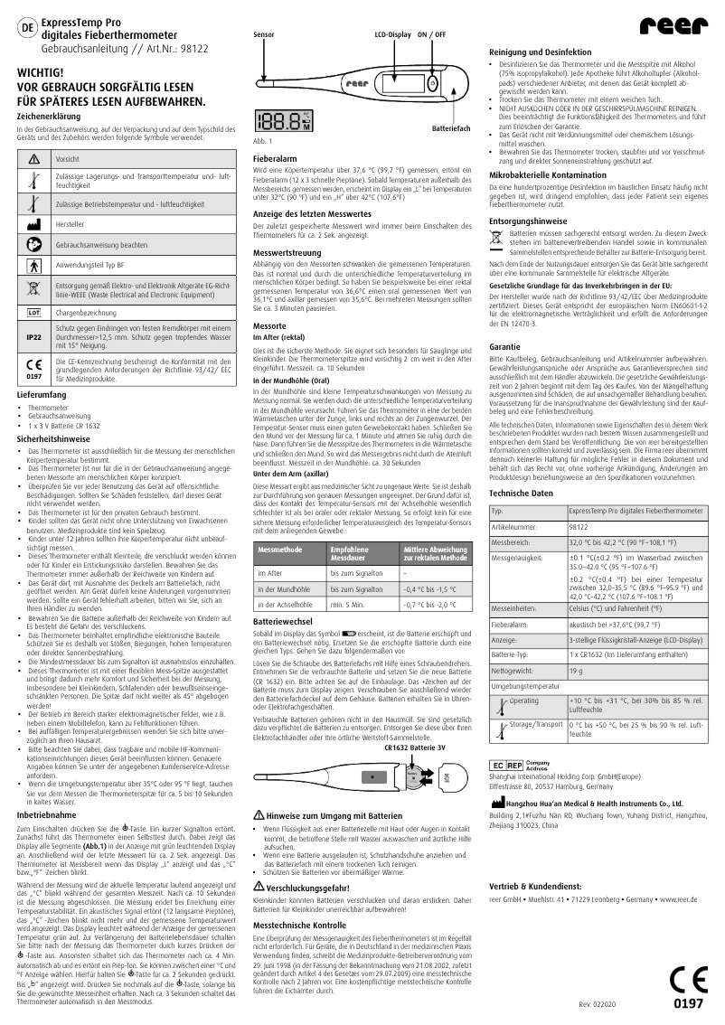 Page 1 de la notice Manuel utilisateur Reer ExpressTemp Pro 98122