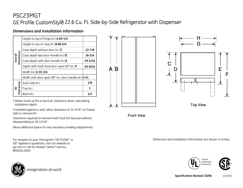 Página 1 del manual Ficha técnica GE PSC23MGTBB