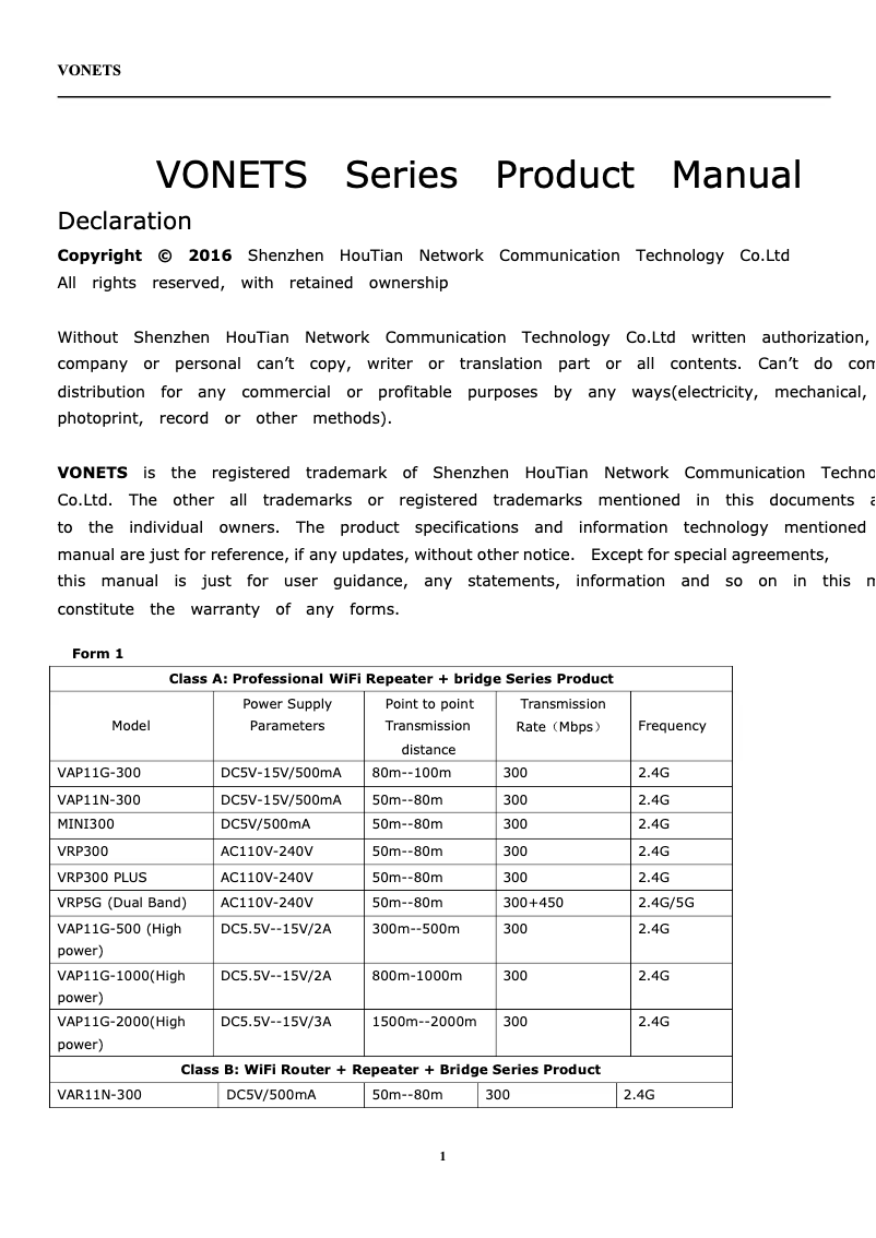 Page 1 de la notice Manuel utilisateur Vonets VAP11N-300