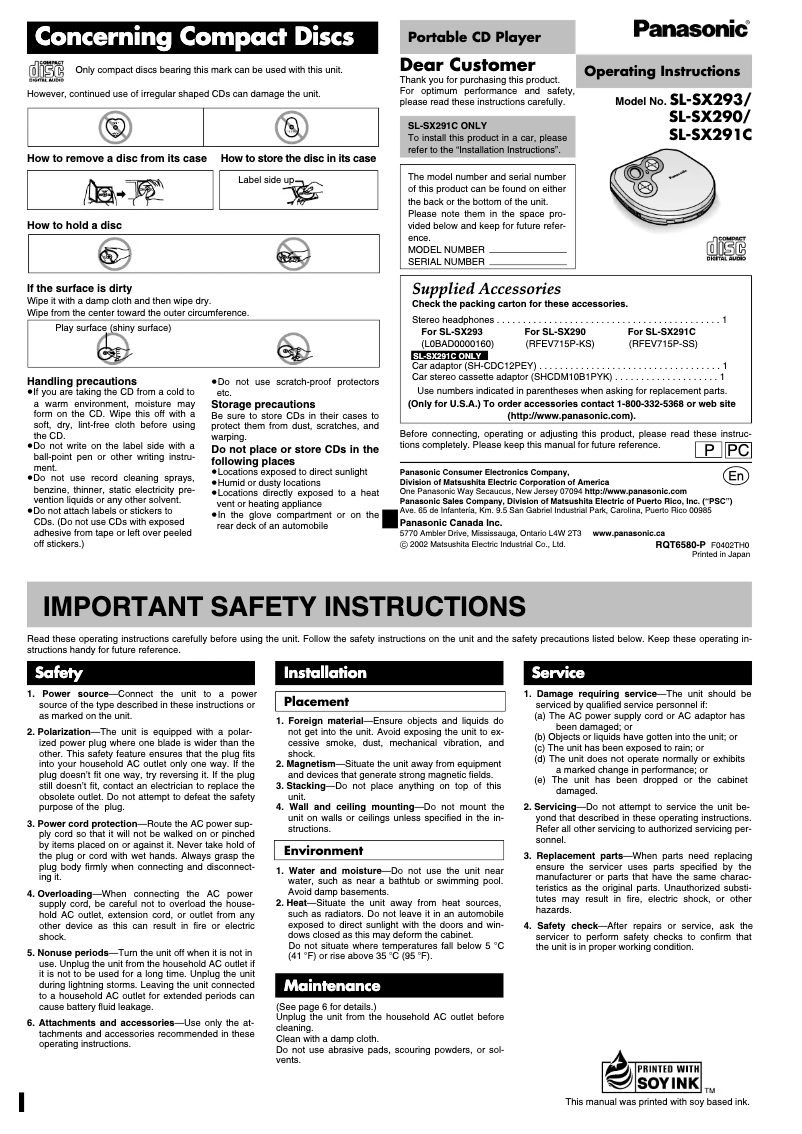 Page 1 de la notice Manuel utilisateur Panasonic SL-SX291C