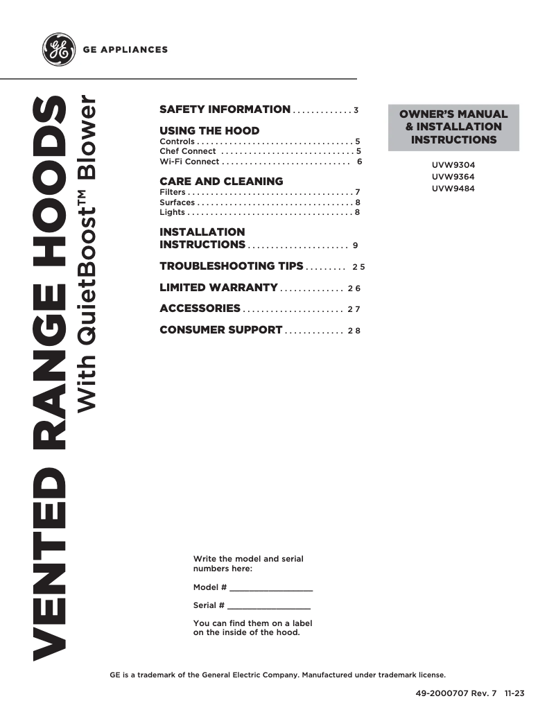 Page n°1 - Manuel d'utilisation et d'entretien GE UVW9484SPSS