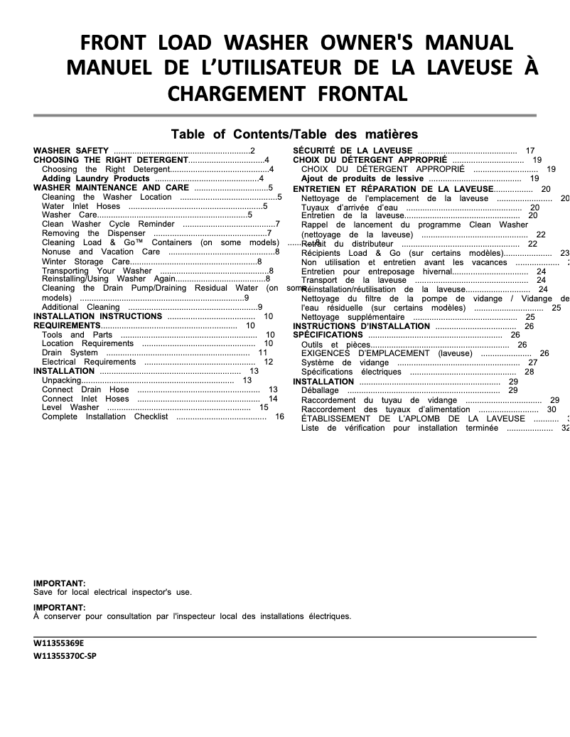Page 1 de la notice Informations de garantie Whirlpool WFW6605MC