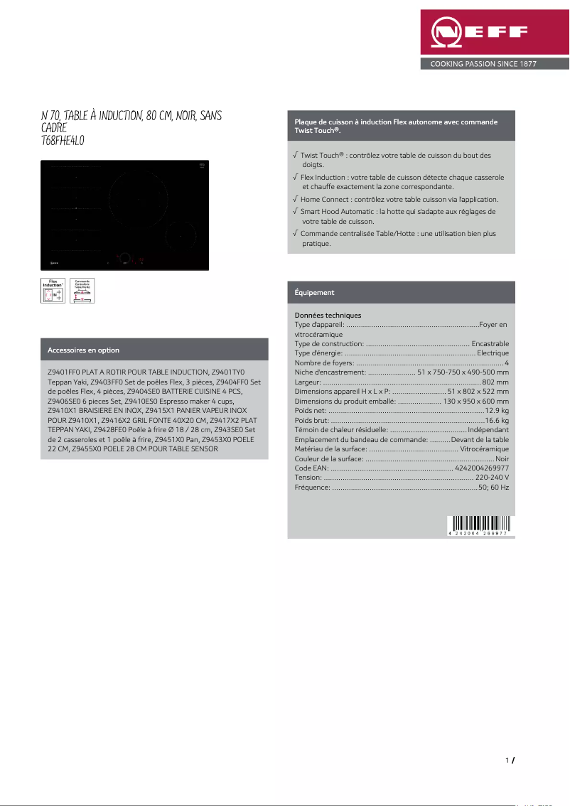 Page 1 of the manual Technical Sheet Neff T68FHE4L0