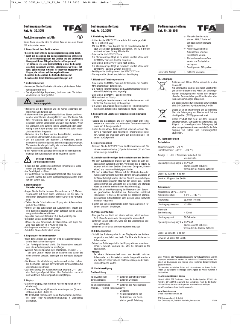 Page 1 de la notice Manuel utilisateur TFA 30.3051.02