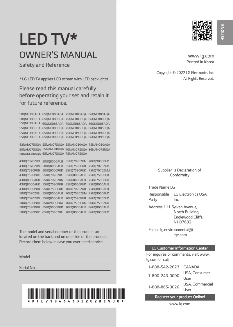Page 1 de la notice Manuel utilisateur LG 86NANO75UQA