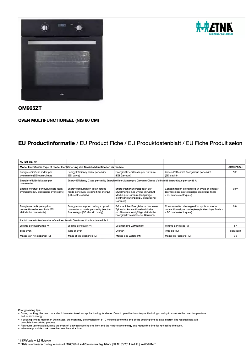 Page 1 de la notice Fiche technique Etna OM965ZT