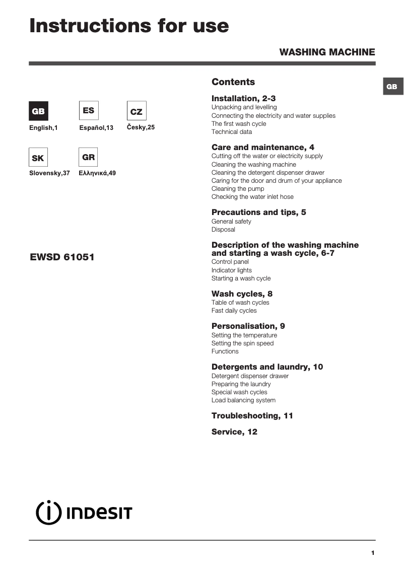Page n°1 - Manuel utilisateur Indesit EWSD 61051 W EU