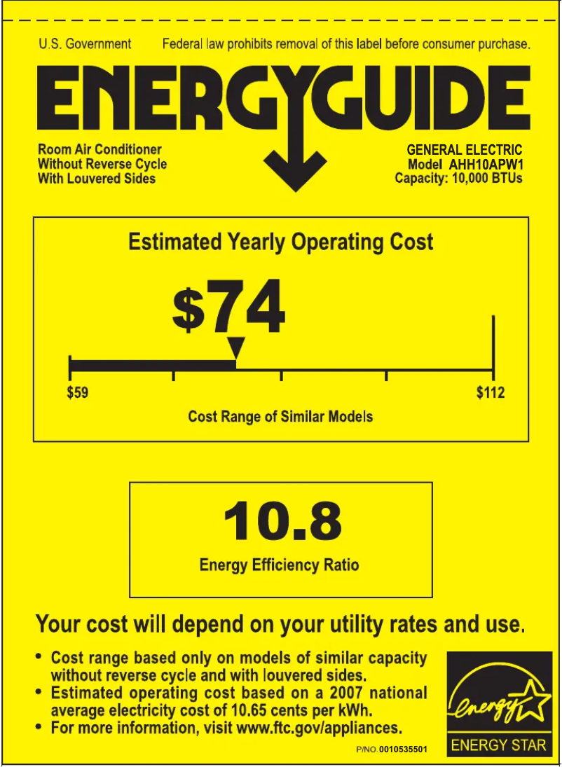 Página 1 del manual Etiqueta energética GE AHH10AP