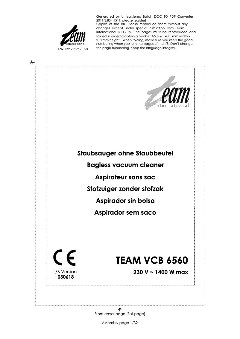 Page 1 de la notice Manuel utilisateur Team VCB 6560