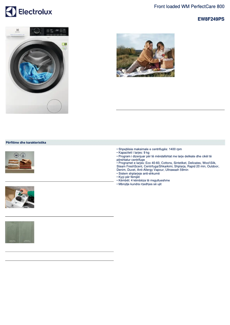 Page 1 de la notice Fiche technique Electrolux EW8F249PS