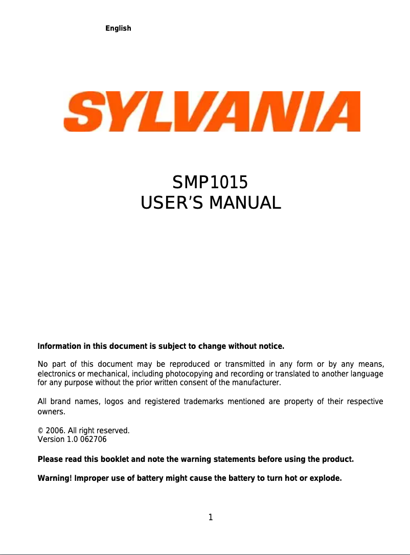 Page 1 de la notice Manuel utilisateur Sylvania SMP1015