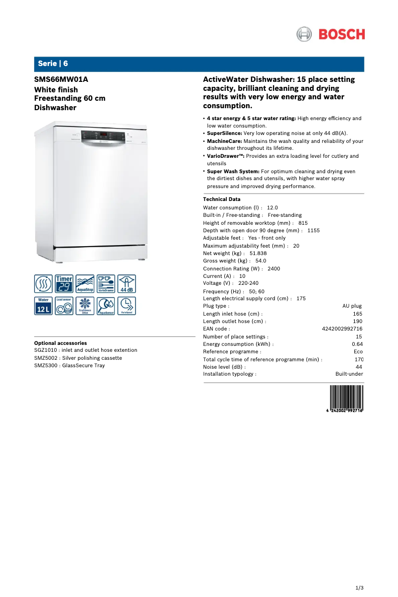 Page 1 of the manual Technical Sheet Bosch SMS66MW01A