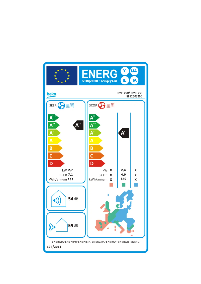 Page 1 de la notice Label énergétique Beko BIVPI 090