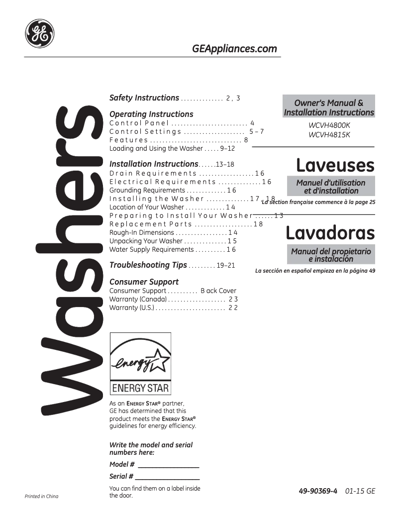 Page 1 de la notice Manuel d'utilisation et d'entretien GE WCVH4800KWW
