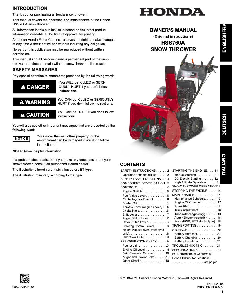 Page 1 de la notice Manuel utilisateur Honda HSS760A