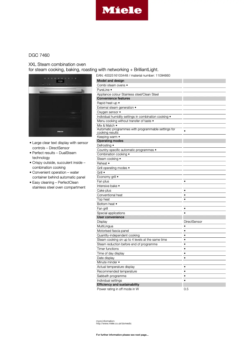 Página 1 del manual Ficha técnica Miele DGC 7460