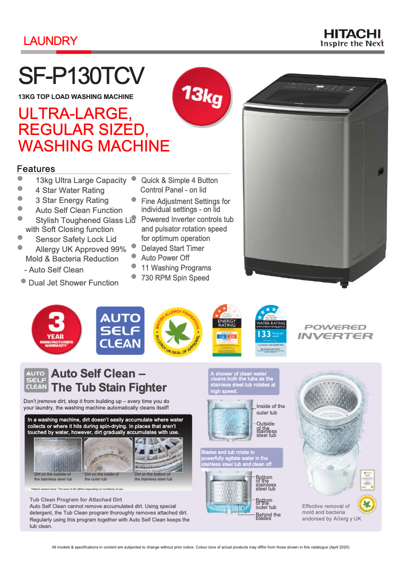 Page 1 de la notice Fiche technique Hitachi SF-P130TCV