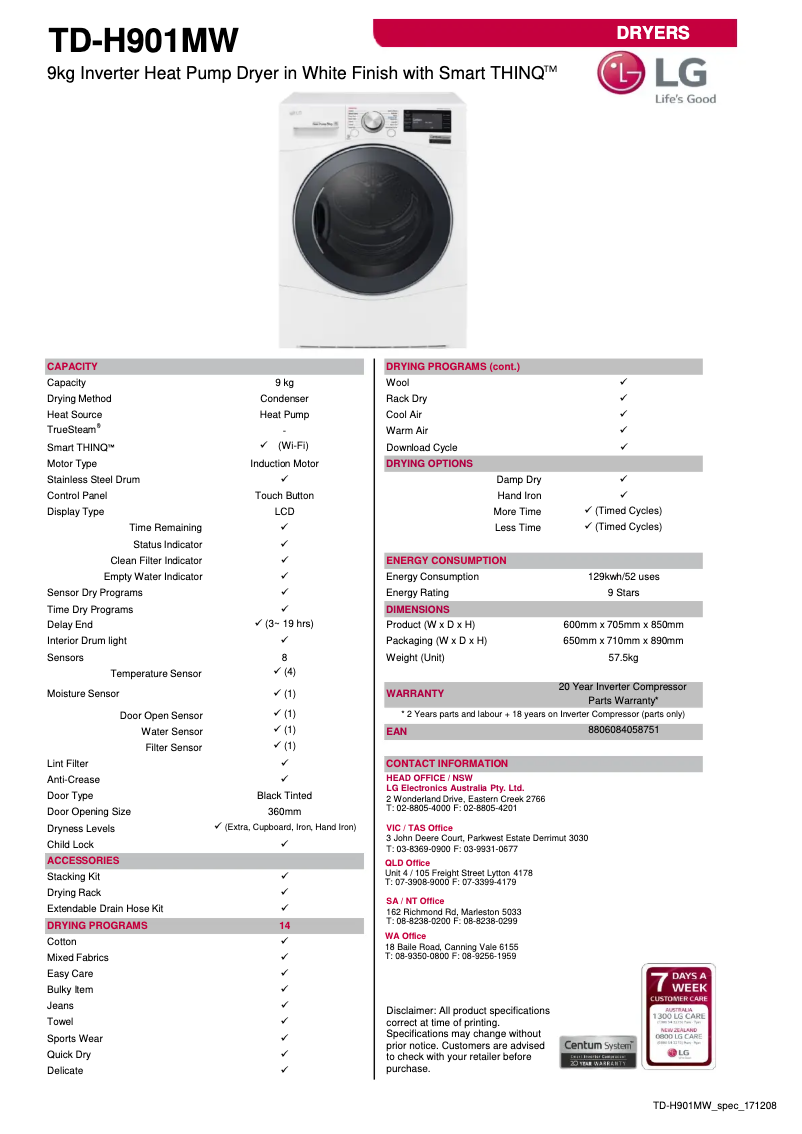 Page 1 of the manual Technical Sheet LG TD-H901MW