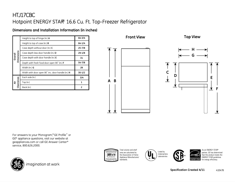 Página 1 del manual Ficha técnica Hotpoint HTJ17CBCSA
