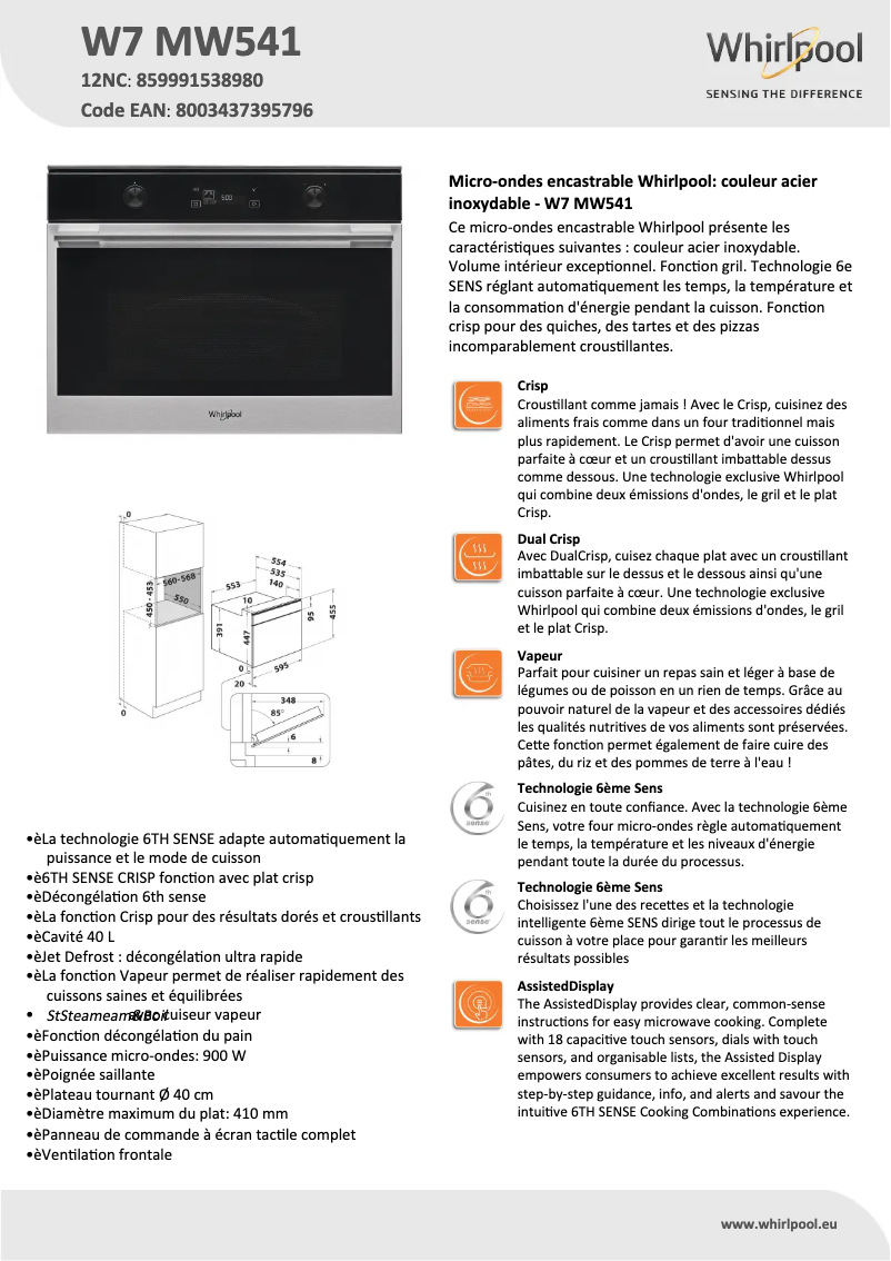 Page 1 de la notice Fiche technique Whirlpool W7 MW541