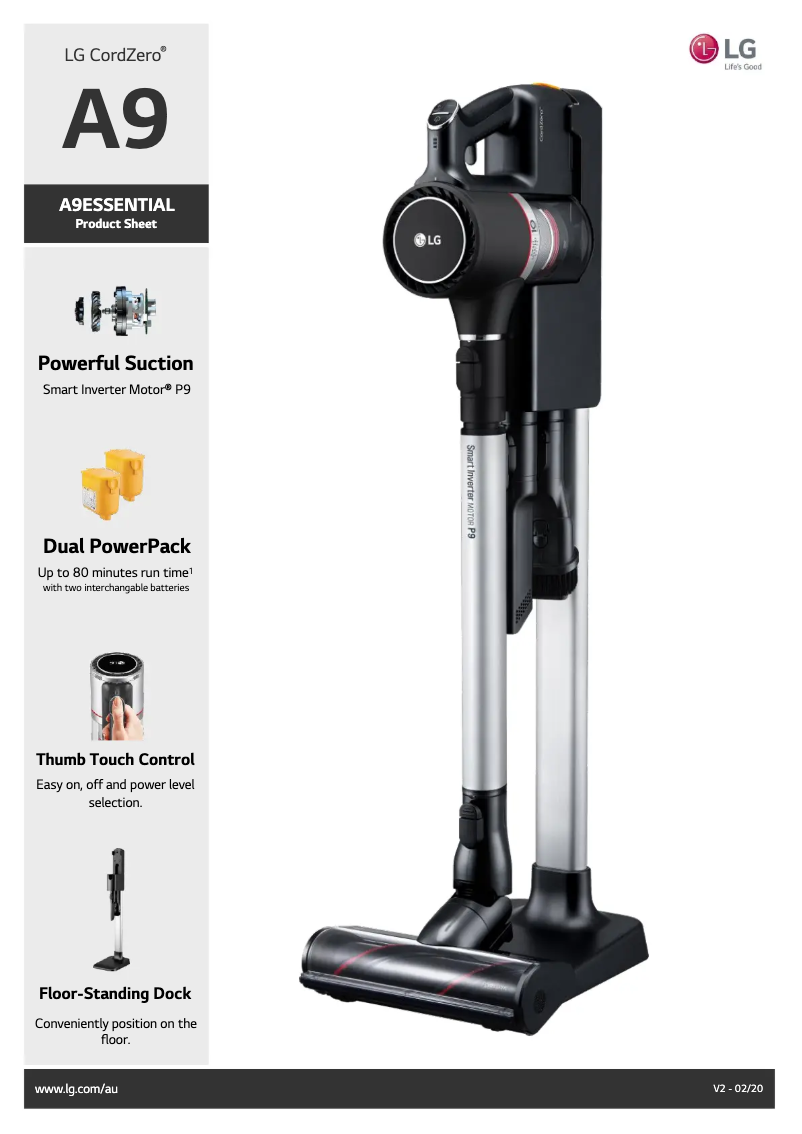 Page 1 de la notice Fiche technique LG CordZero A9ESSENTIAL